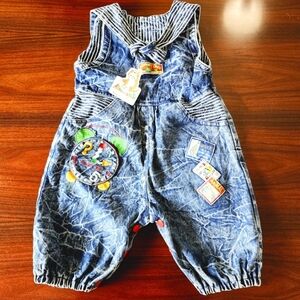 VTG 18 Months Bubble Overall Romper Acid Wash Denim Embroidered, Patched Animals